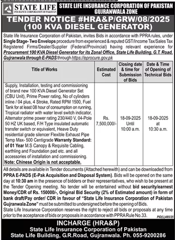 State Life Insurance Corporation of Pakistan Karachi Tender Notice-1
